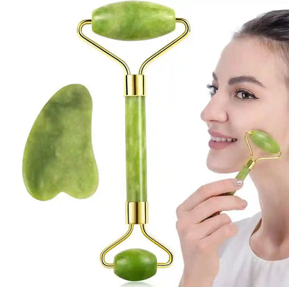 Green facial roller and gua sha tool with a woman using it on her face.