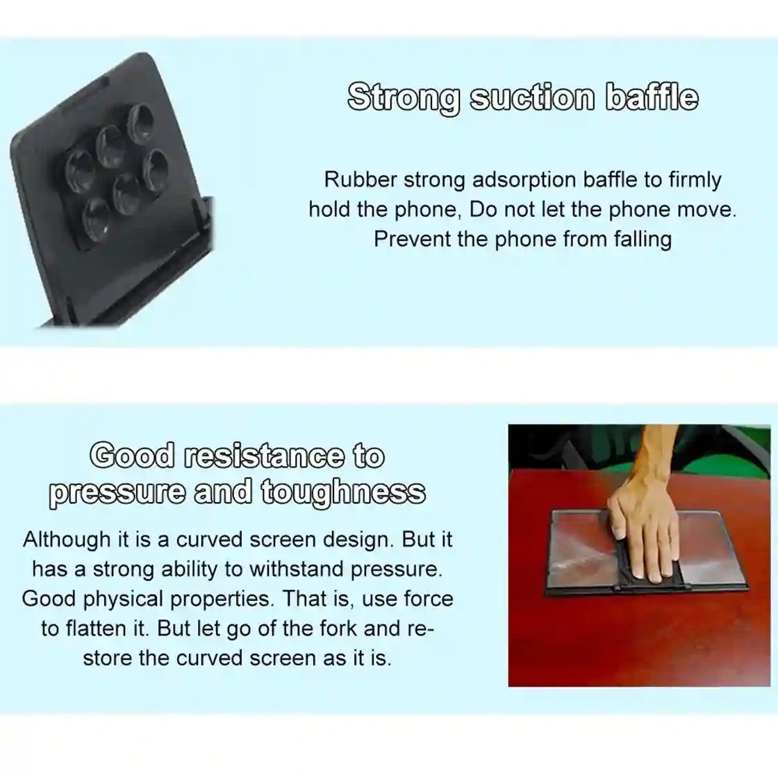 Product description with a suction baffle and text on resistance to pressure and toughness.