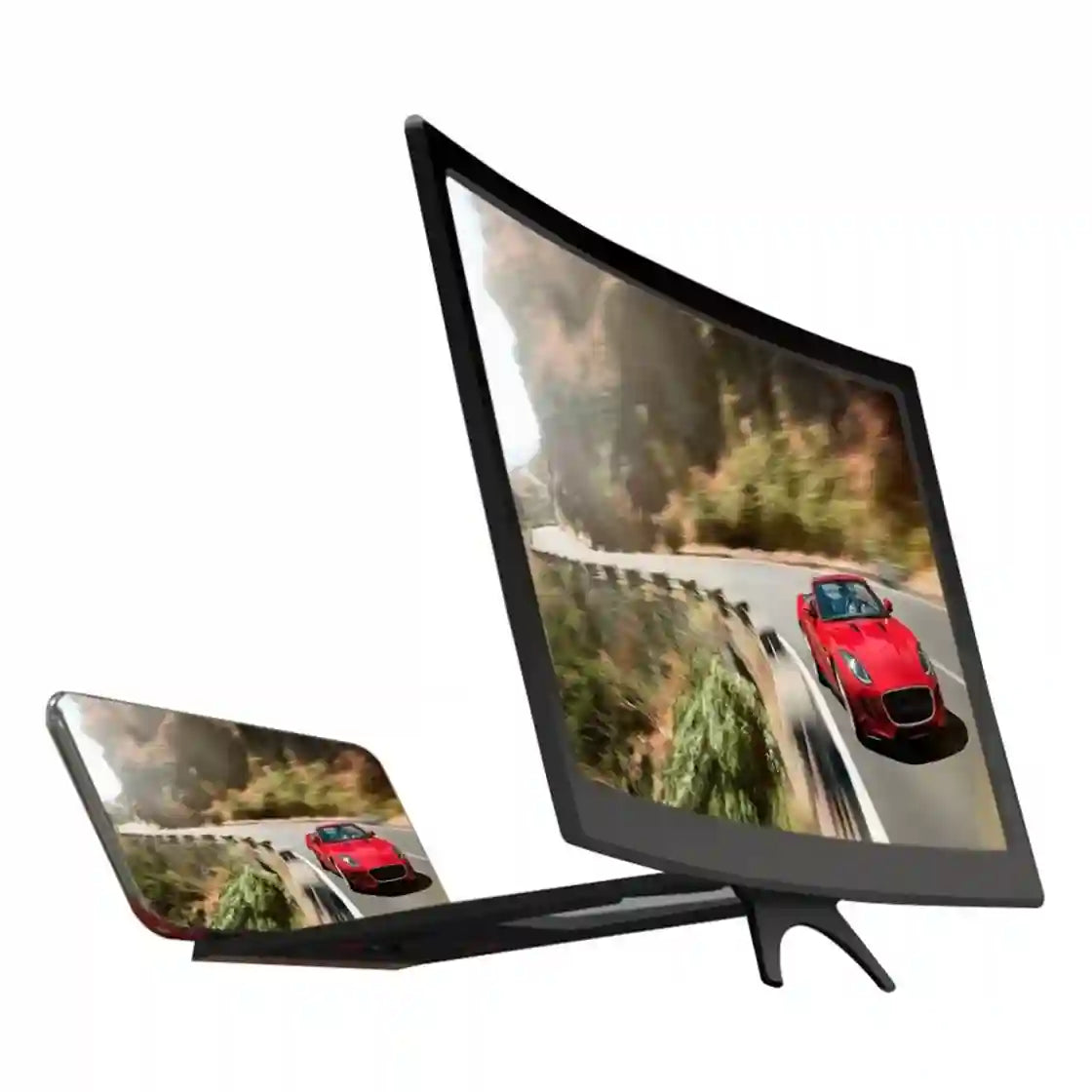 A curved black LED monitor with a stand, shown from an angled perspective with a smaller inset view of the same device on a plain white background. The screen displays a red sports car on a winding road.