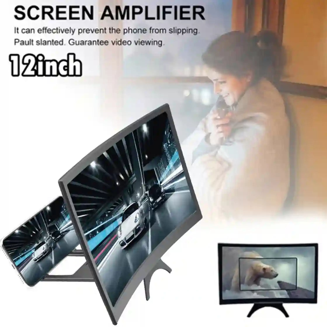 12-inch screen amplifier with a woman using it to watch a car on a screen.