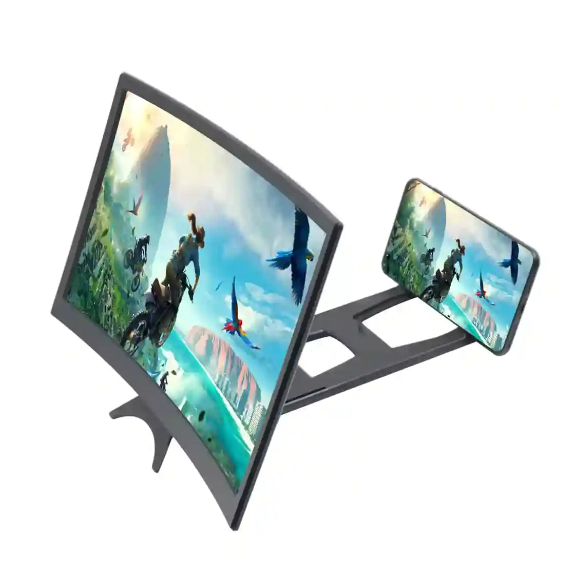 Phone stand with dual screens displaying a scenic view of a beach and birds.