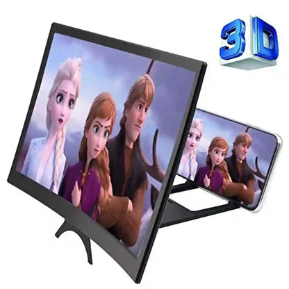 A black 3D digital picture frame with a curved screen displaying Frozen characters, shown with a smaller inset view of the same frame on a white background with a blue 3D graphic.