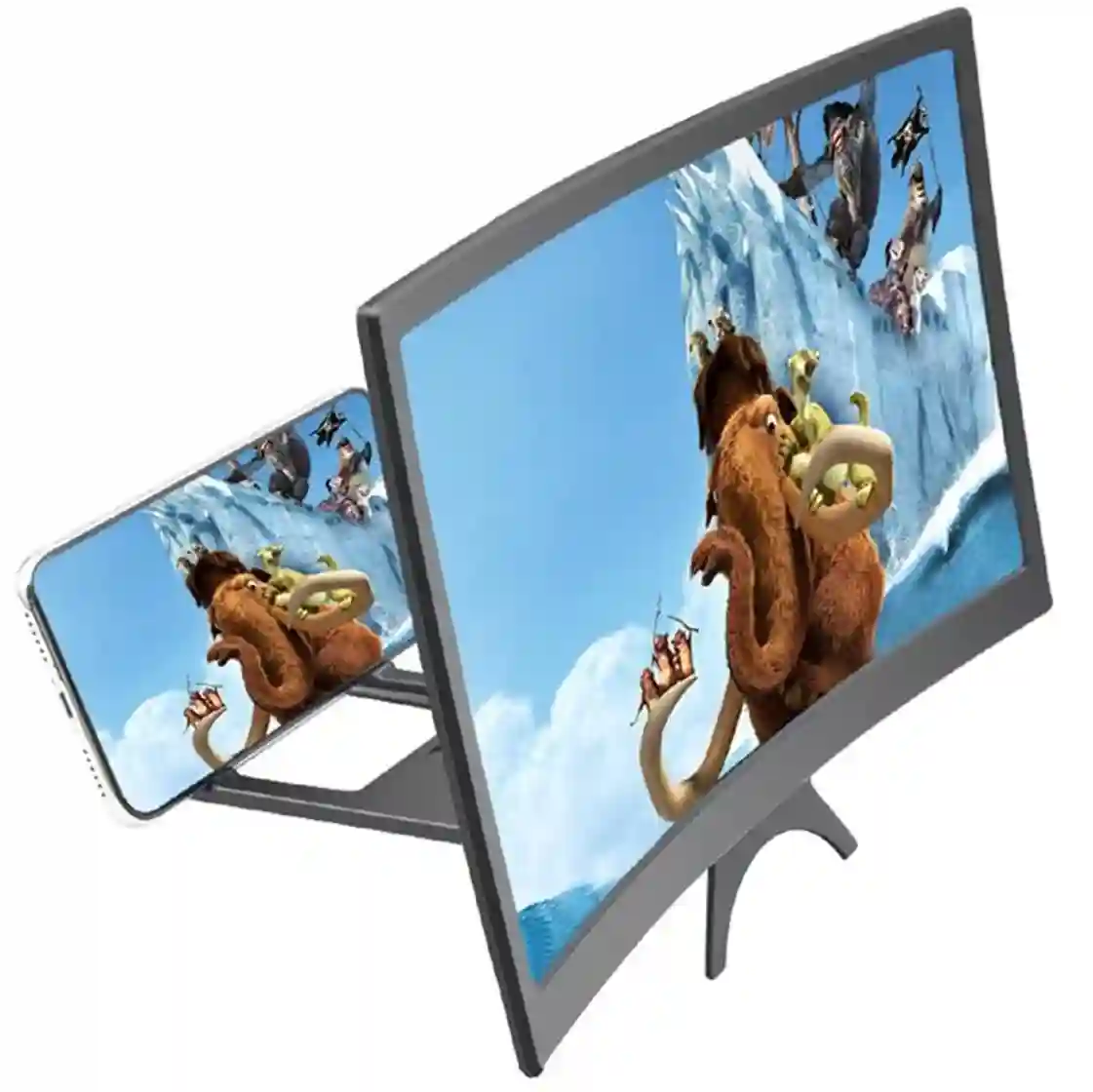 Two screens displaying an animated scene with a bear and other characters against a blue sky.
