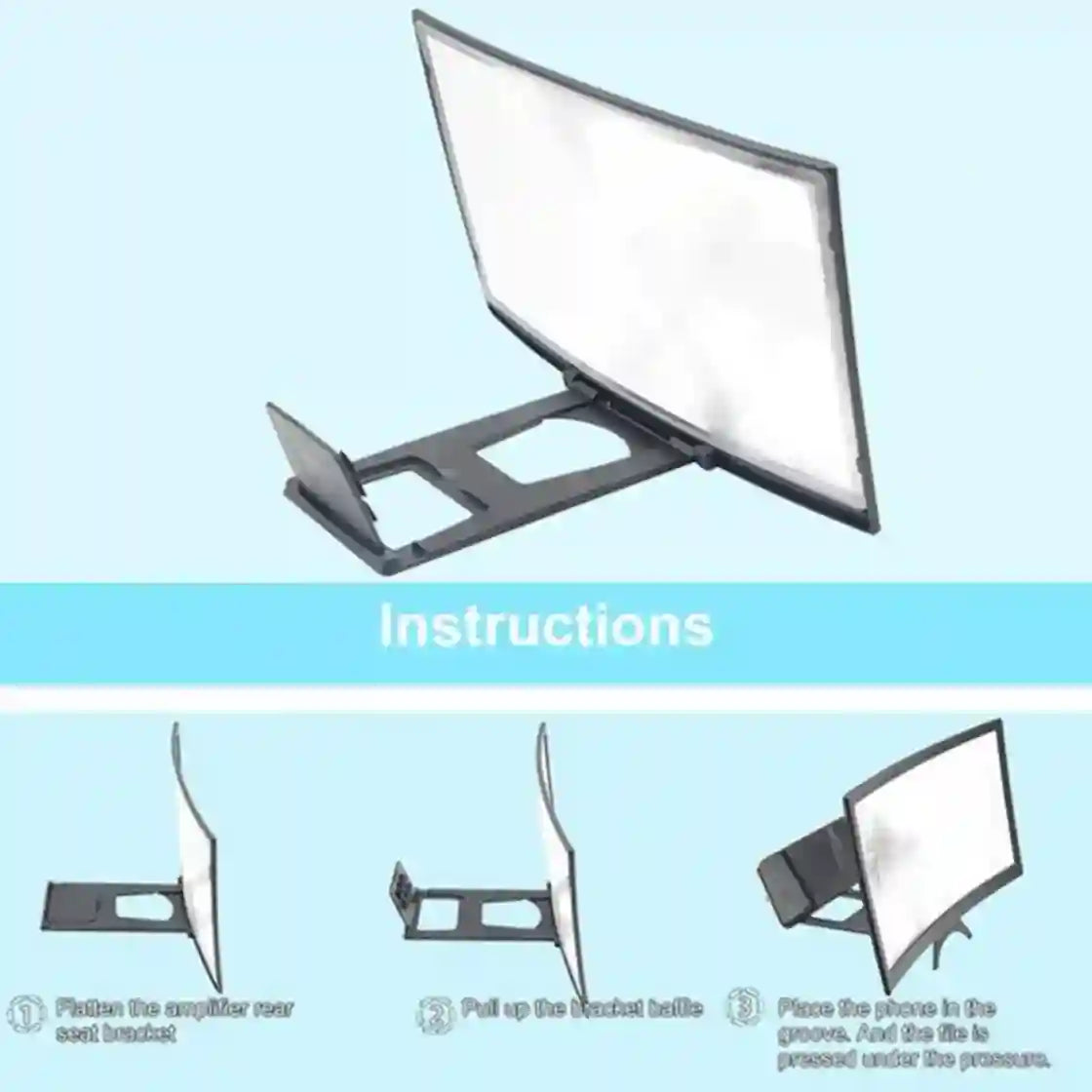 Instructions for using a flexible display stand on a light blue background