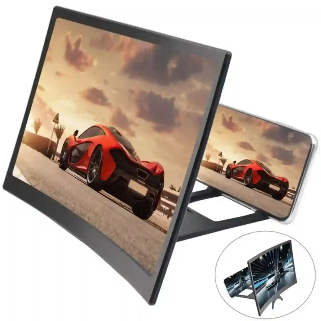 Portable electronic device displaying a red sports car on a screen