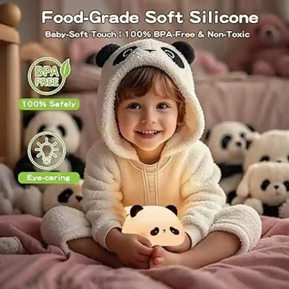 Child in panda onesie holding a panda-shaped night light with product features highlighted.