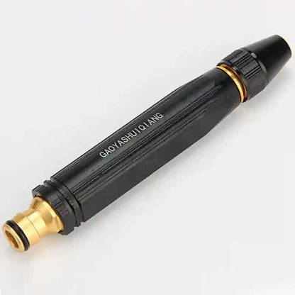 Black and gold garden spray nozzle on a white background