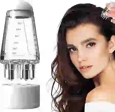 Clear shower head with measurement markings next to a person with long hair.