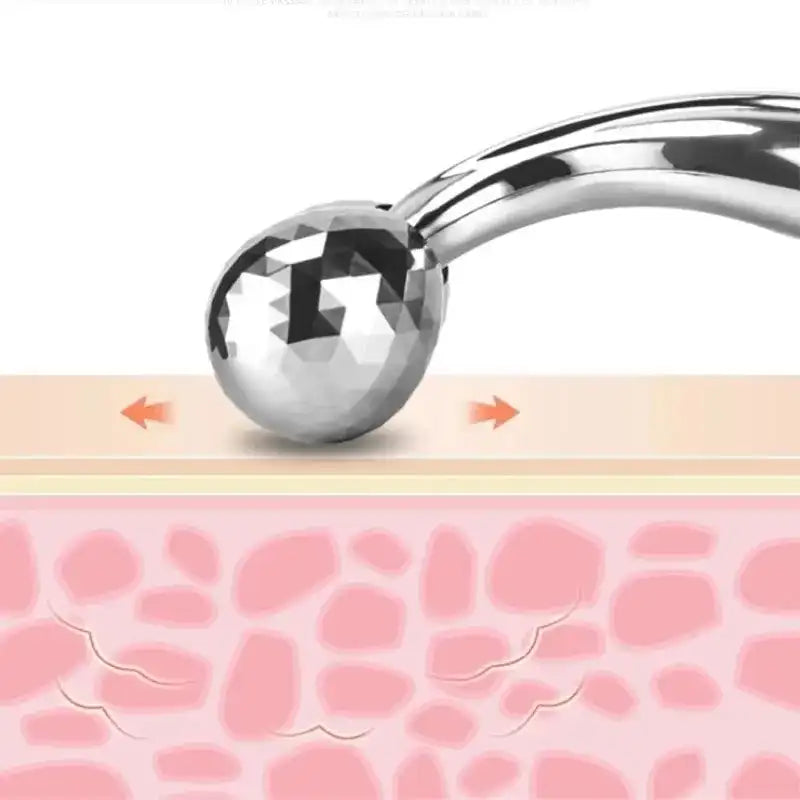 Silver ball-shaped device on a white background with an illustration of skin layers below.
