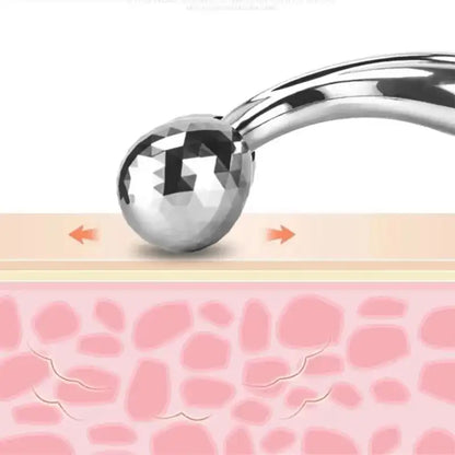 Silver ball-shaped device on a white background with an illustration of skin layers below.