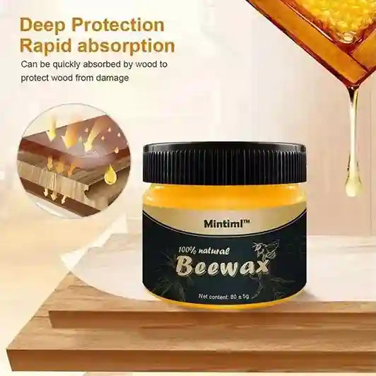 Jar of Mintimi beewax with wooden surface and honeycomb background