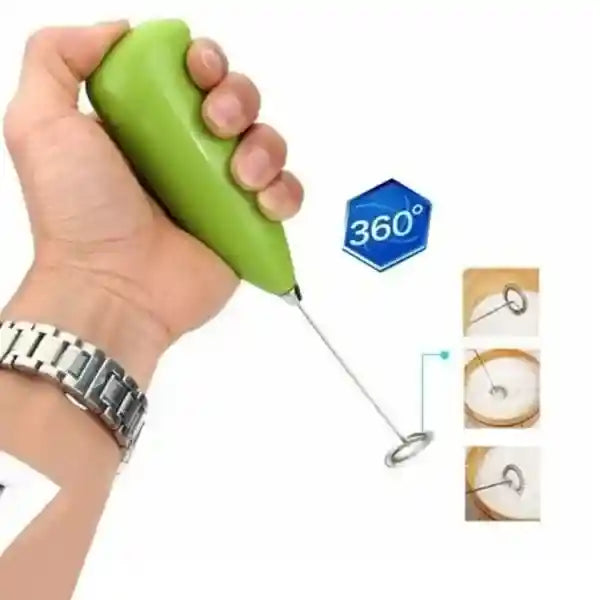 Hand holding a green kitchen tool with 360-degree rotation feature on a white background.
