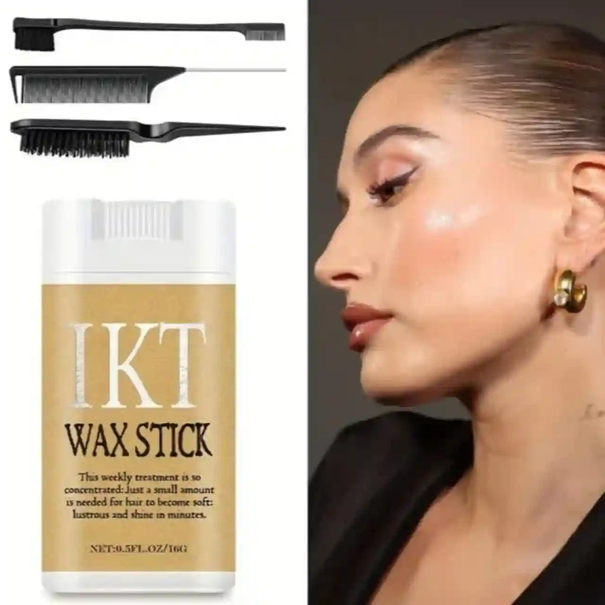 A hair wax stick product shown with two black applicator tools and a close-up side profile of a woman with smooth, styled hair. The product label reads 'IKT WAX STICK'.