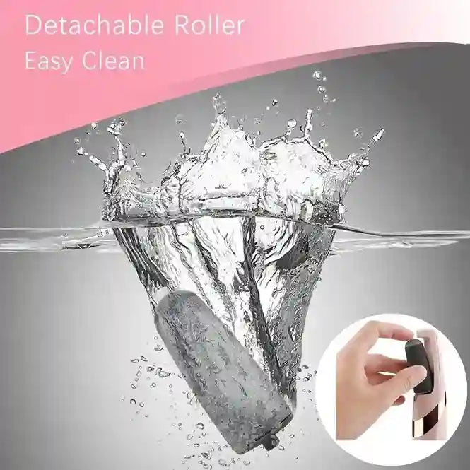 Detachable roller with water splash and hand holding it, labeled 'Detachable Roller Easy Clean'.