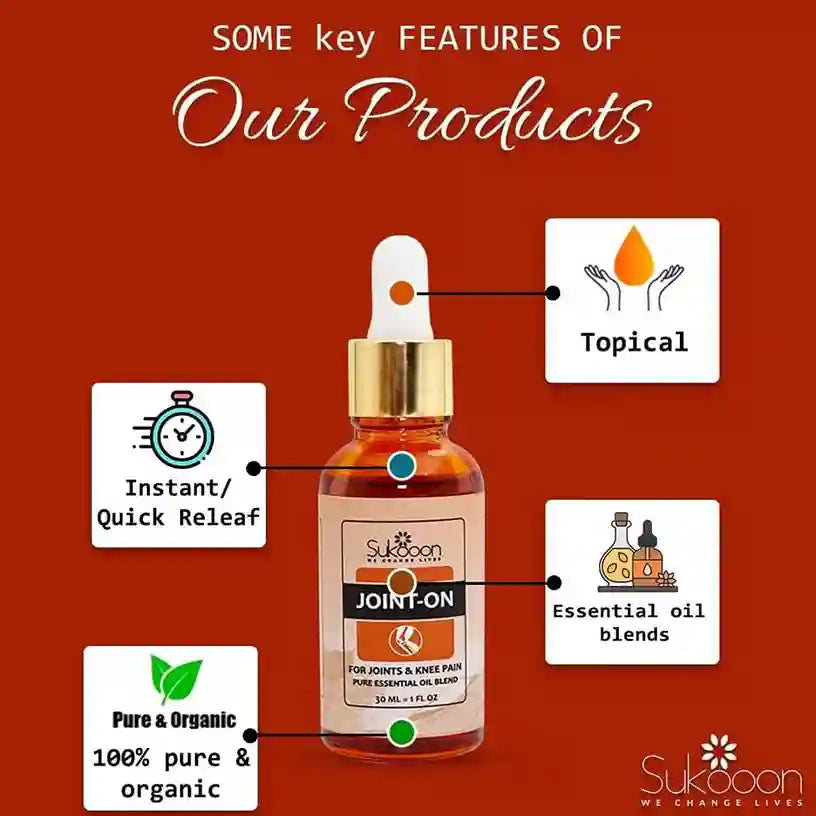 Sukoon Joint-On product with key features highlighted on a red background