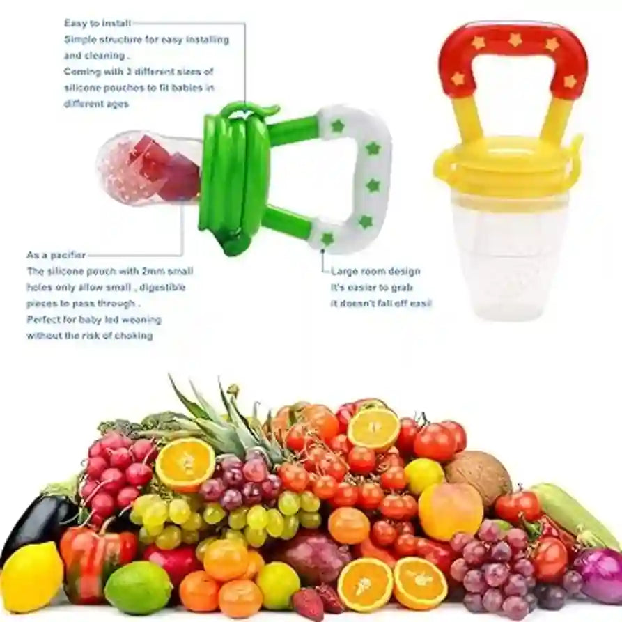 Baby food feeder with text and a variety of fruits and vegetables below.