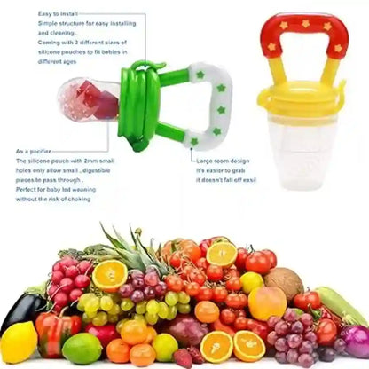 Baby food feeder with text and a variety of fruits and vegetables below.