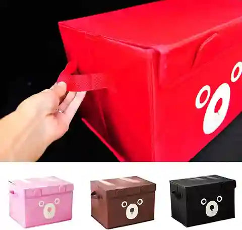 Red storage box with a hand pulling on a handle, followed by images of pink, brown, and black storage boxes with bear faces.