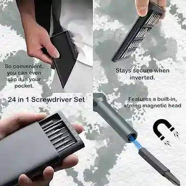 24-in-1 screwdriver set with magnetic head, shown in use and features.