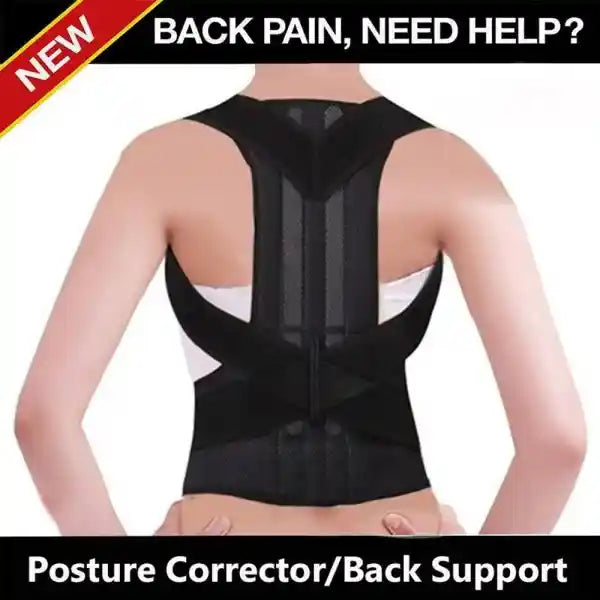 Black posture corrector worn by a person on a white background with text about back pain relief.
