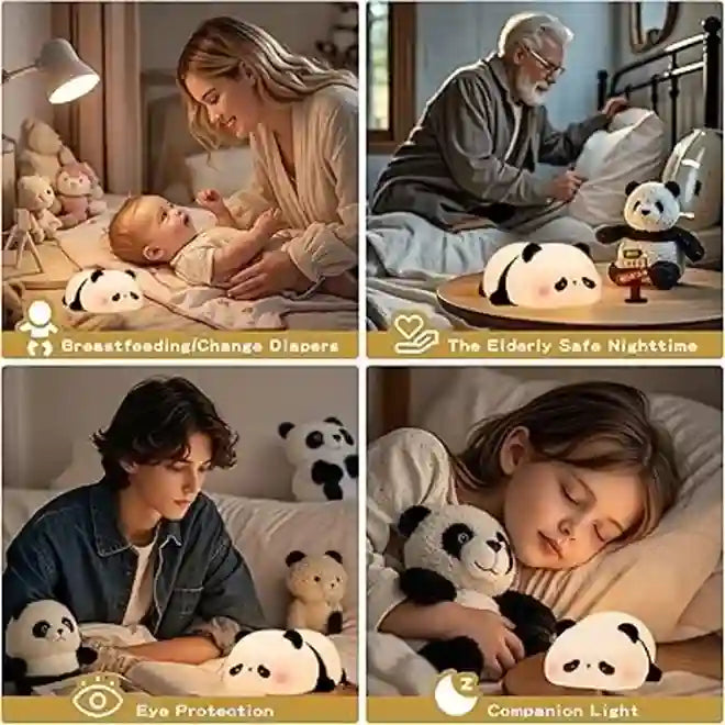 Collage of a panda-shaped night light being used by different people in various settings.