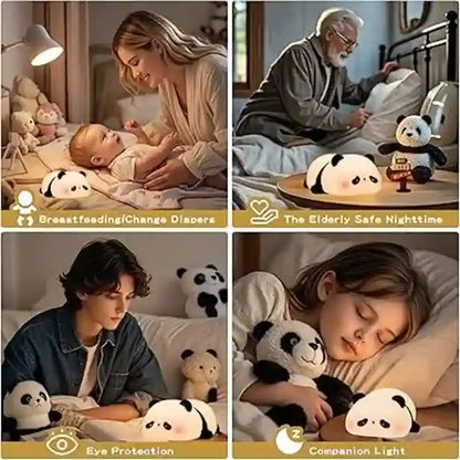 Collage of a panda-shaped night light being used by different people in various settings.