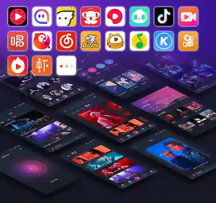 Collection of app icons and user interface elements on a dark background