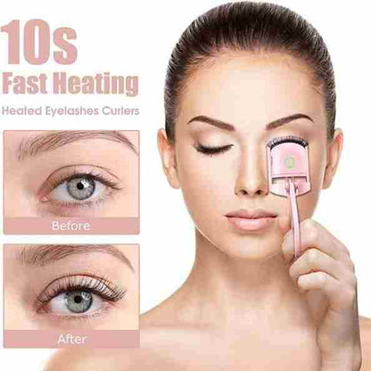 Woman using a heated eyelashes curler with '10s Fast Heating' text and 'Before' and 'After' comparisons.
