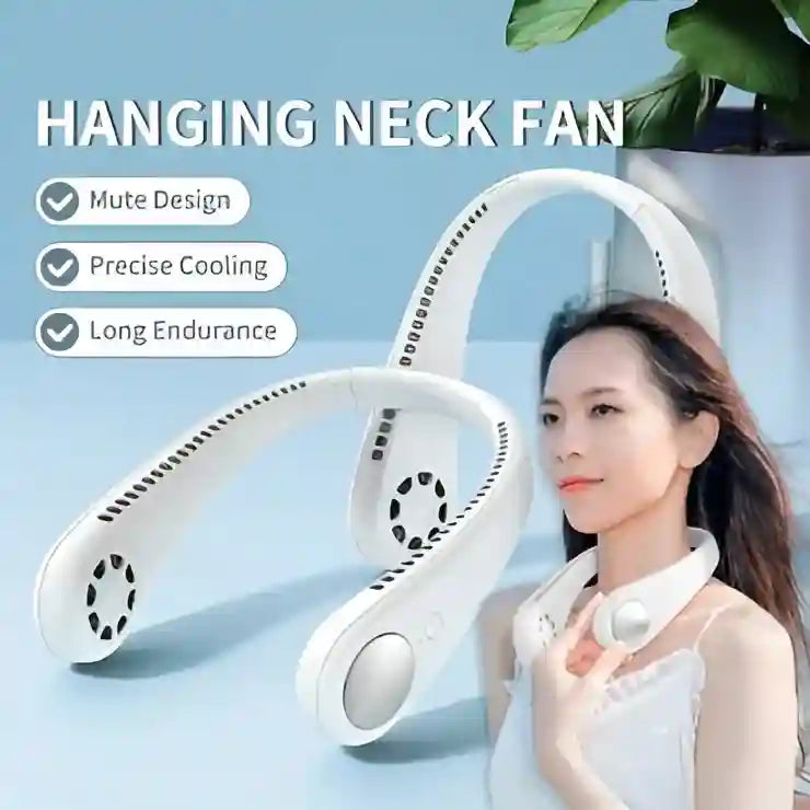 Hanging neck fan with features listed and a woman wearing it on a light blue background