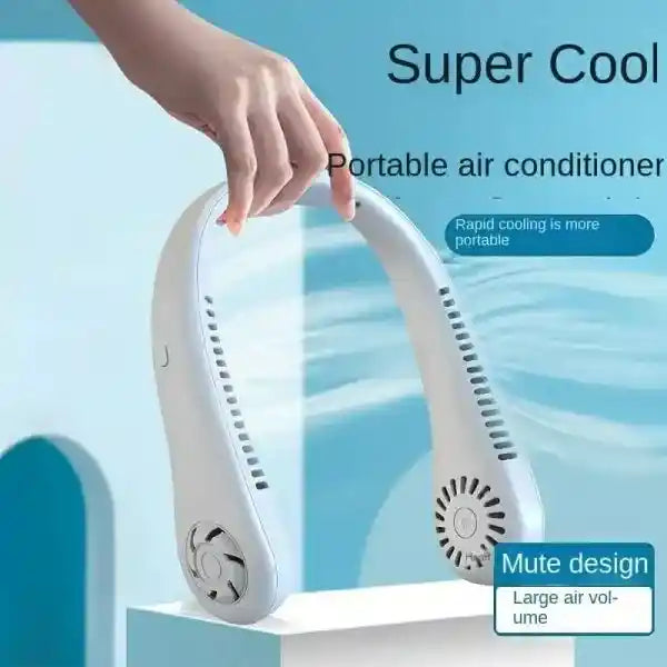 Portable air conditioner with hand holding it against a blue background