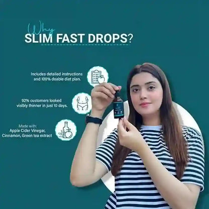Woman holding a bottle of Slim Fast Drops with promotional text on a teal background