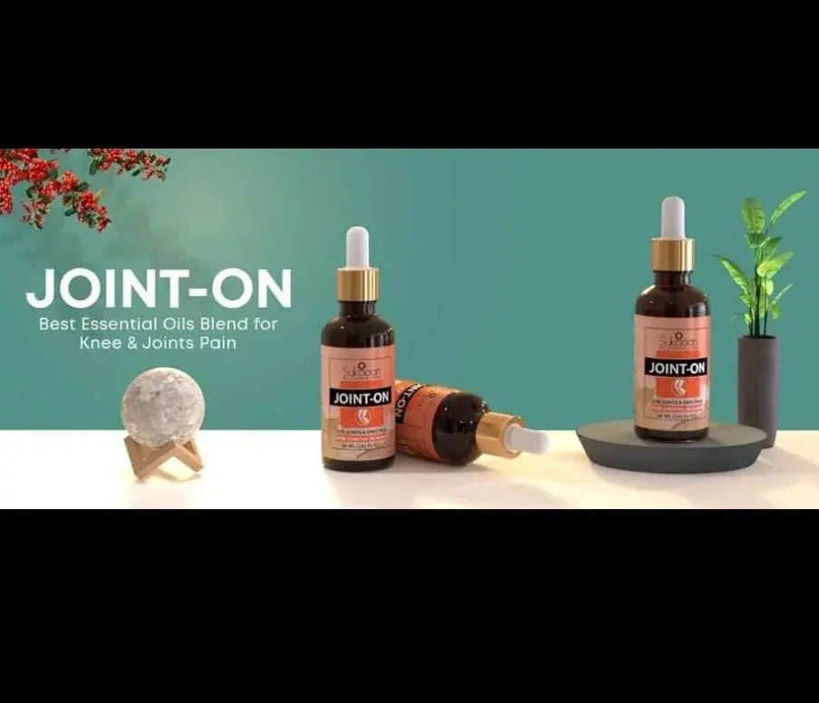 JOINT-ON essential oil bottles on a white surface with a teal background