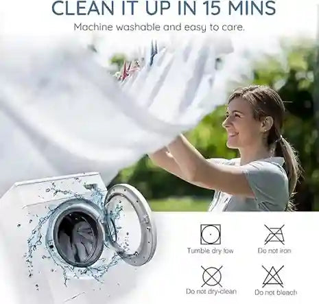 Woman washing clothes with a washing machine, text about cleaning time and care instructions.
