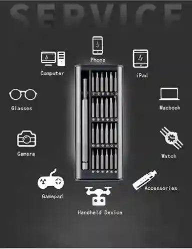 Set of screwdrivers in a case with icons indicating device types they can repair on a black background.