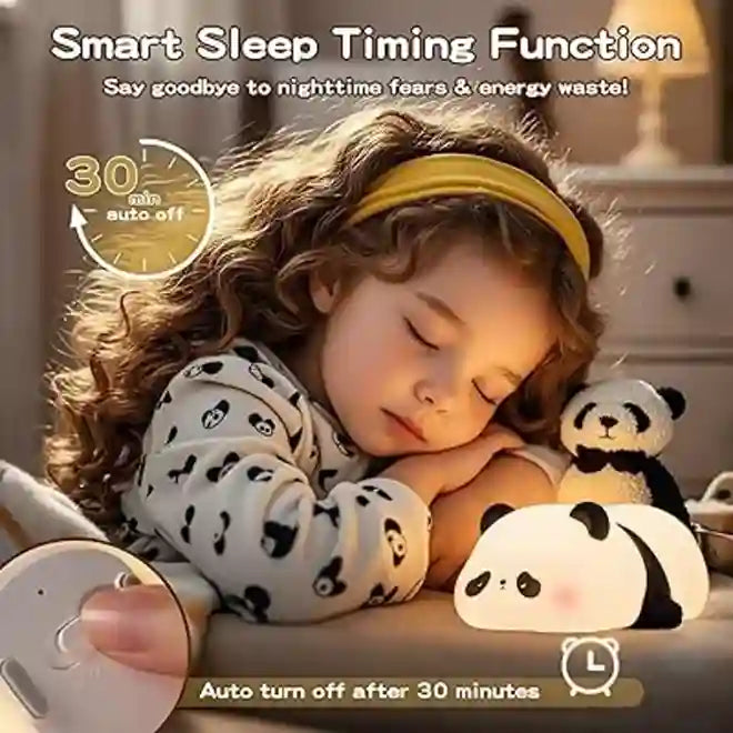 Child sleeping with a panda-themed night light and remote control, emphasizing smart sleep timing function.
