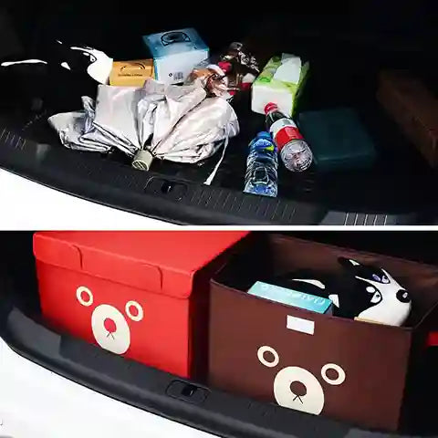 Car trunk before and after using bear-shaped storage boxes.
