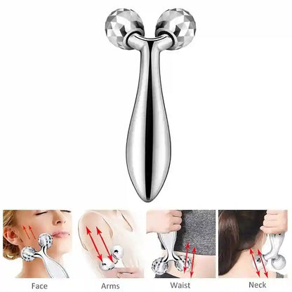 Silver facial roller with usage examples on a white background