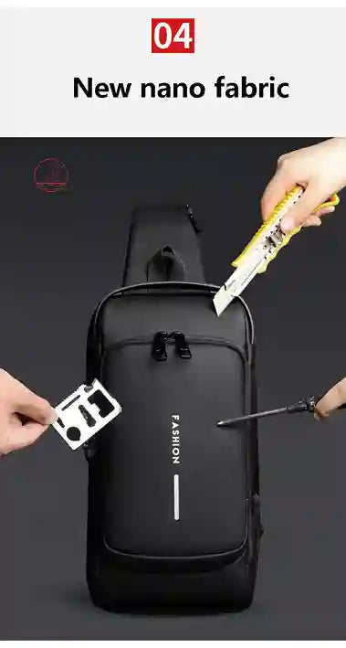 Black backpack with 'FASHION' branding, held by a hand with tools on a dark background.