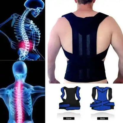 Back brace for posture correction with X-ray images of a spine and front/back views of the brace.