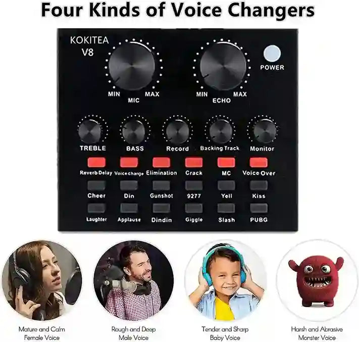 Kokitea V8 voice changer device with control knobs and voice effect options, displayed on a white background.