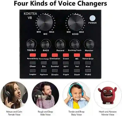 Kokitea V8 voice changer device with control knobs and voice effect options, displayed on a white background.