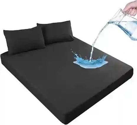 Black mattress protector with water being poured onto it, showing its waterproof feature.