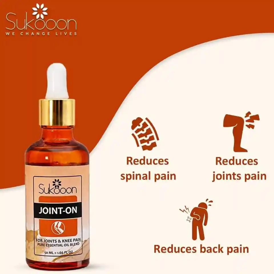 Sukoon Joint-On oil bottle with dropper on a brown background