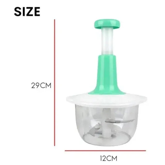 Green and white kitchen tool with measurements on a white background
