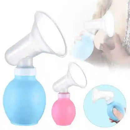 Blue and pink manual breast pump with close-up of handle
