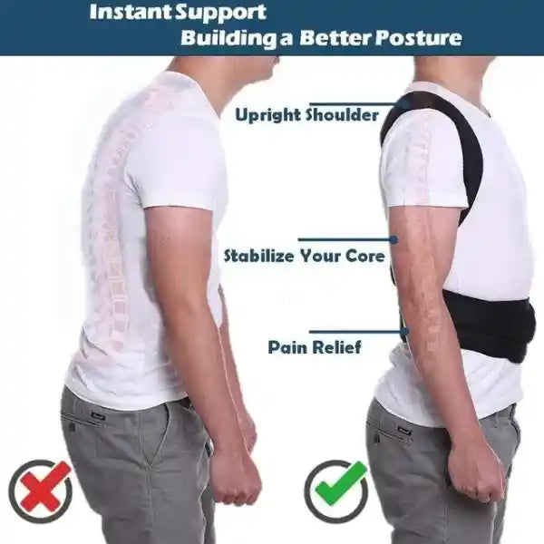 Back brace for posture correction with labeled benefits on a white background