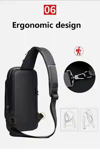 Black ergonomic bag with strap and detailed design on a white background