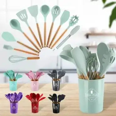 Set of colorful kitchen utensils including spatulas, whisks, and ladles in a holder on a wooden surface.