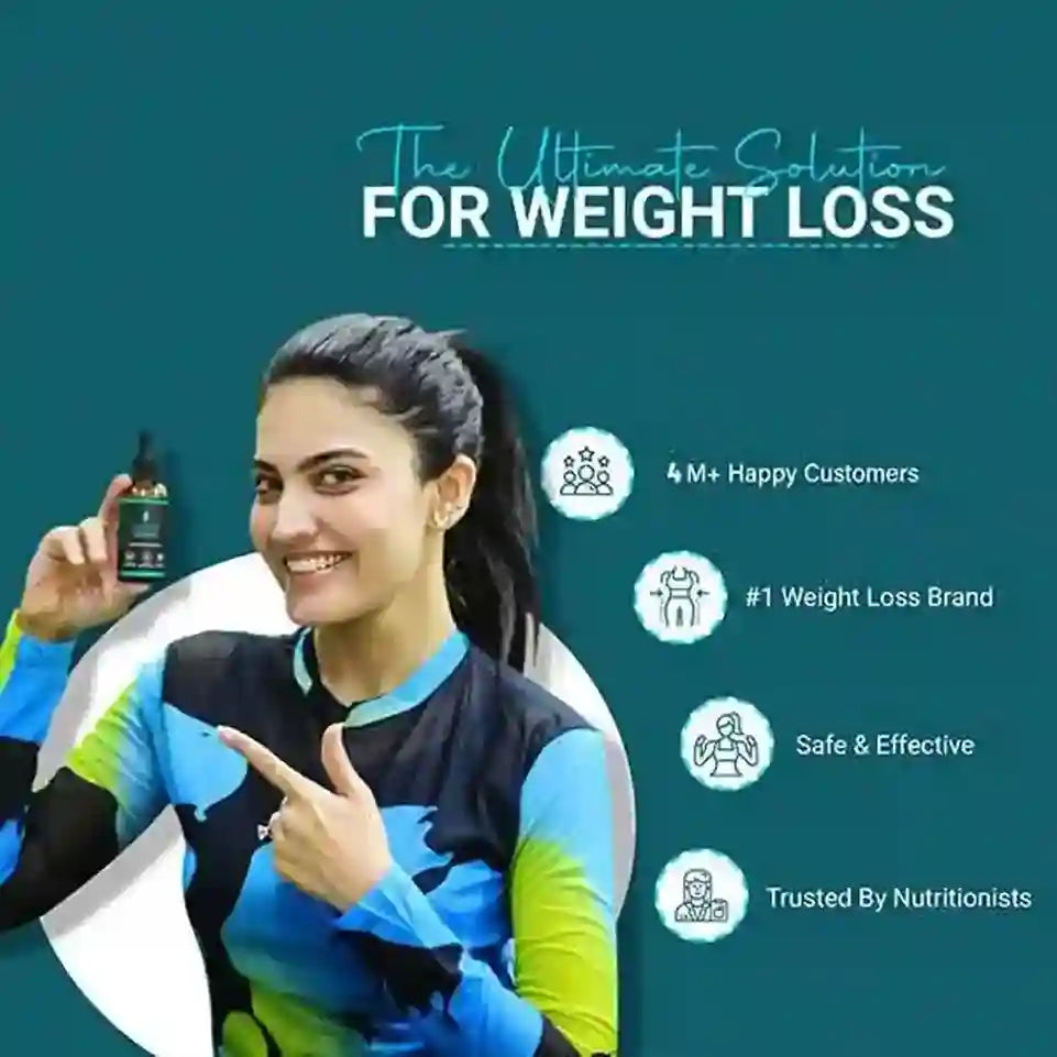 Woman holding a product with text about weight loss solution on a teal background