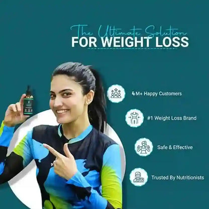 Woman holding a product with text about weight loss solution on a teal background